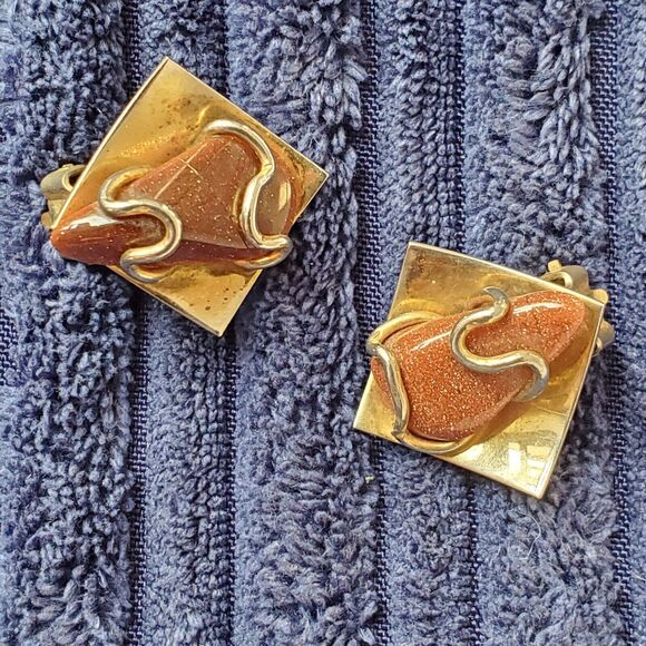 Abstract Goldstone Clip Earrings Amber Adventurine Copper Wire Vintage Mod Retro - Picture 15 of 16
